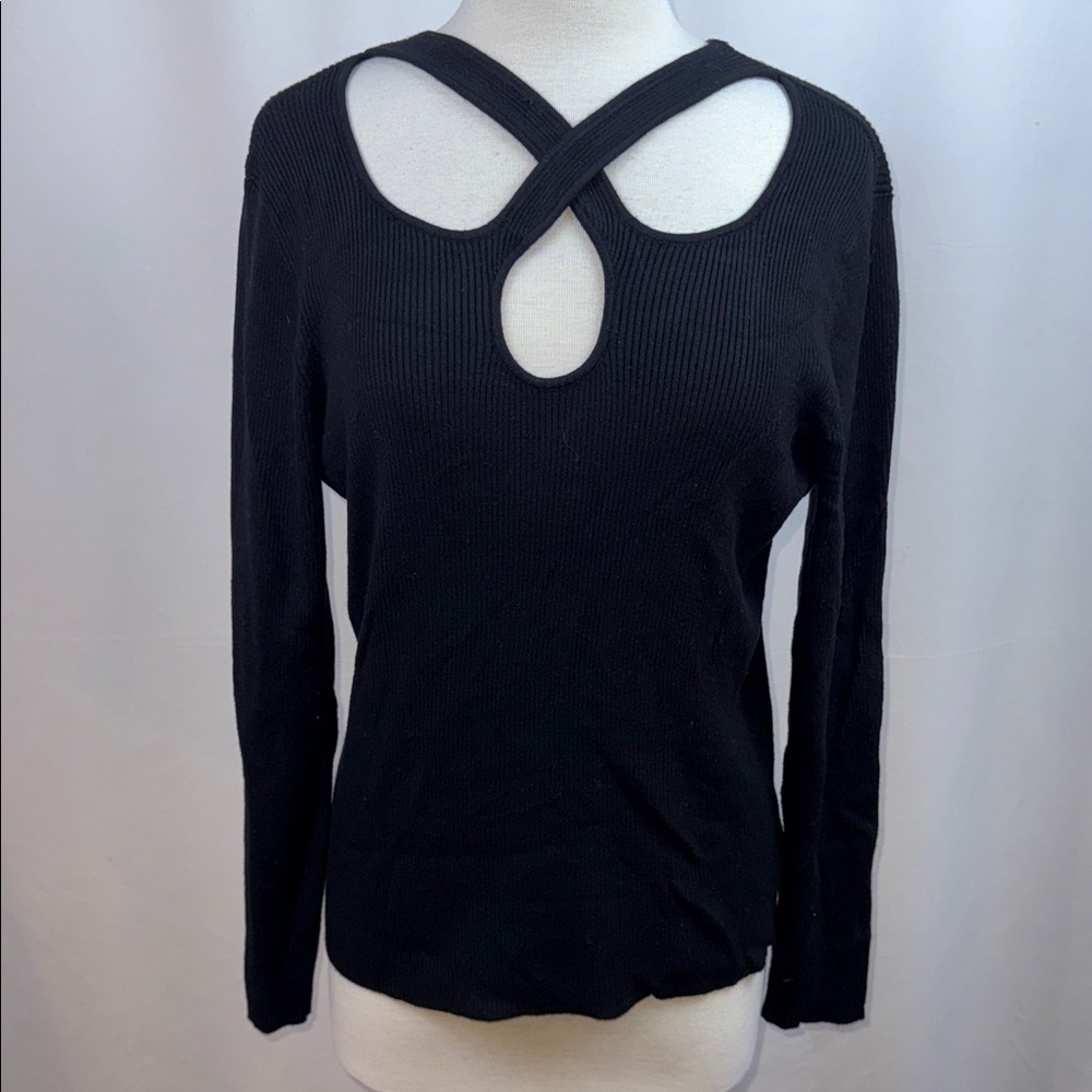 Sofia by Sofia Vergara Ribbed Black V-Neck Criss Cross Sweater, XXXL